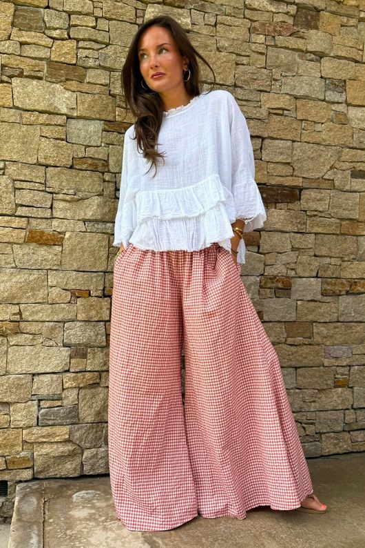 Arbi Gingham Palazzo Pant Indian Red